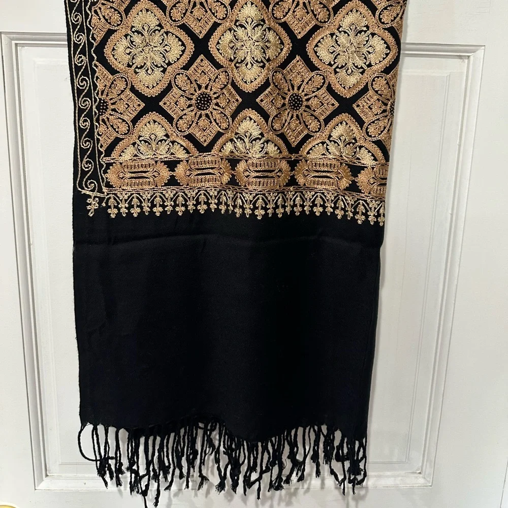 Black Kashmiri Tilla Embroidered Pashmina Shawl | Gold Embroidered Wrap
